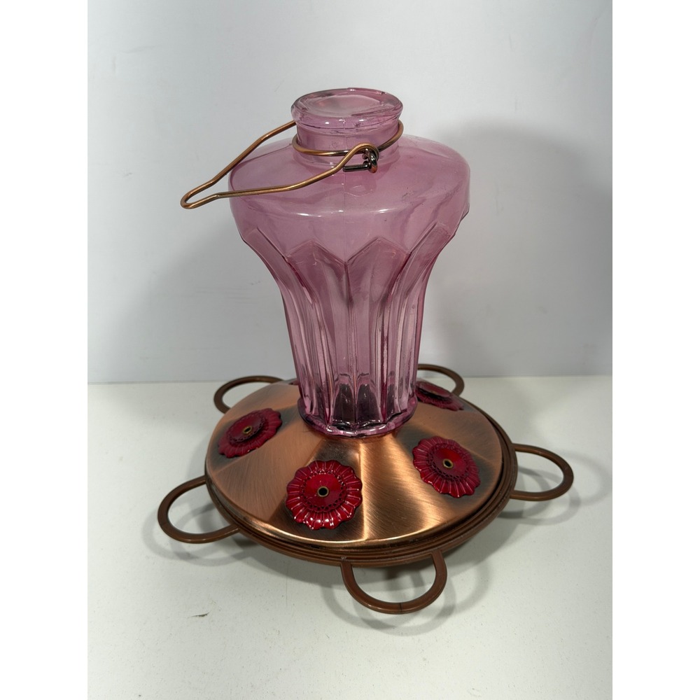 Vintage Style Amethyst Purple Glass Hummingbird Feeder Copper Metal Base‎ 8.5"
